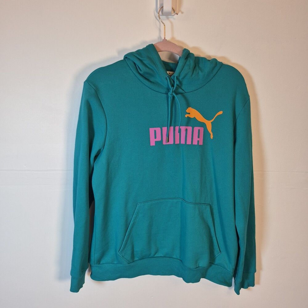 Puma Fleece Logo Hoodie Women's L Teal Kangaroo Pocket Logo
